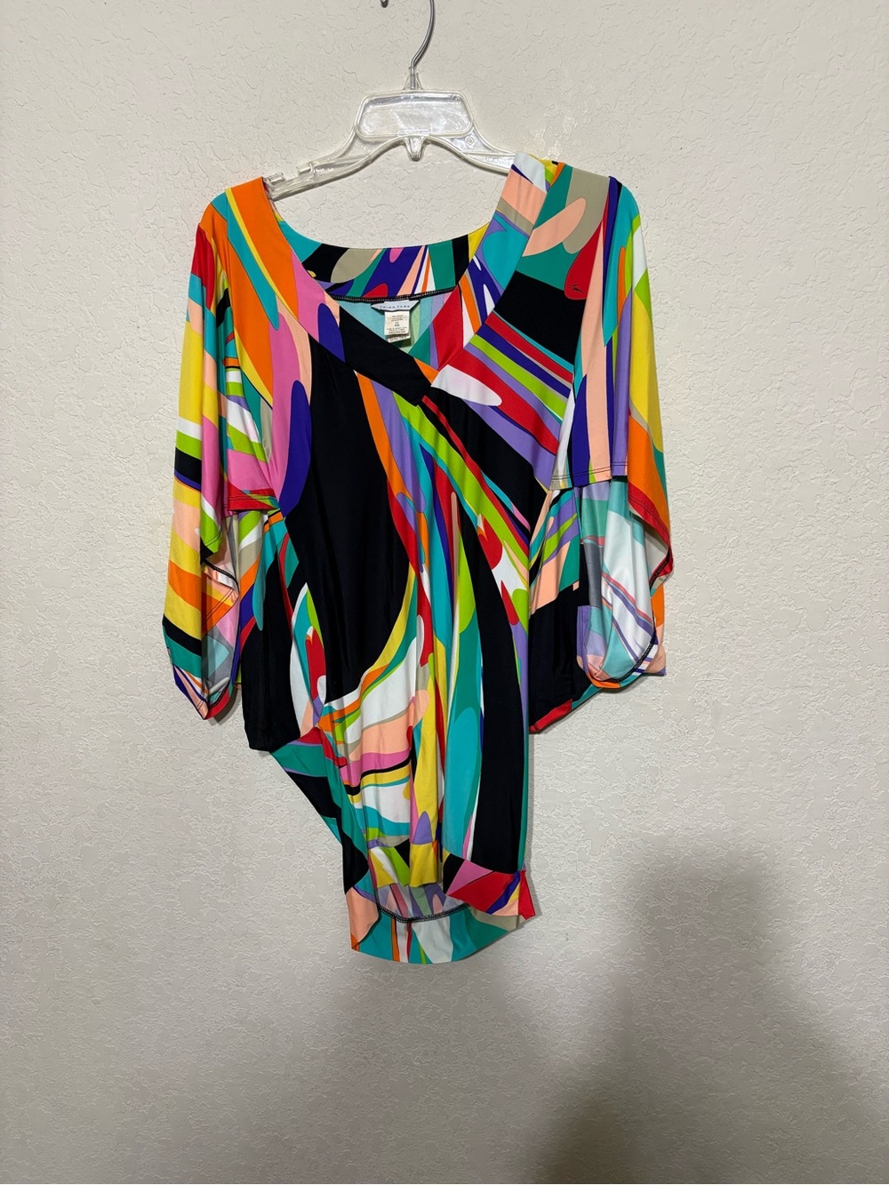 Trina Turk Multicolor Abstract V-Neck Blouse — Black, Yellow, Teal, Pink